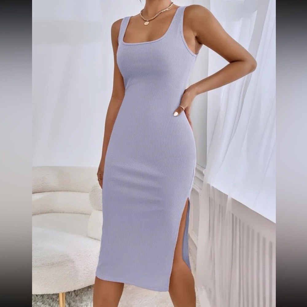 Square neck Ribbed Knit Split Thigh Tank midi Dress royal blue - Picture 14 of 15